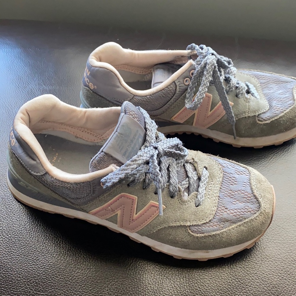 Womens new balance 574 gray and pink sneakers